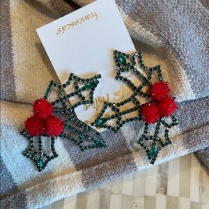 Francesca’s  Festive Holly Leaf Earrings with Red Pom Poms(bw)